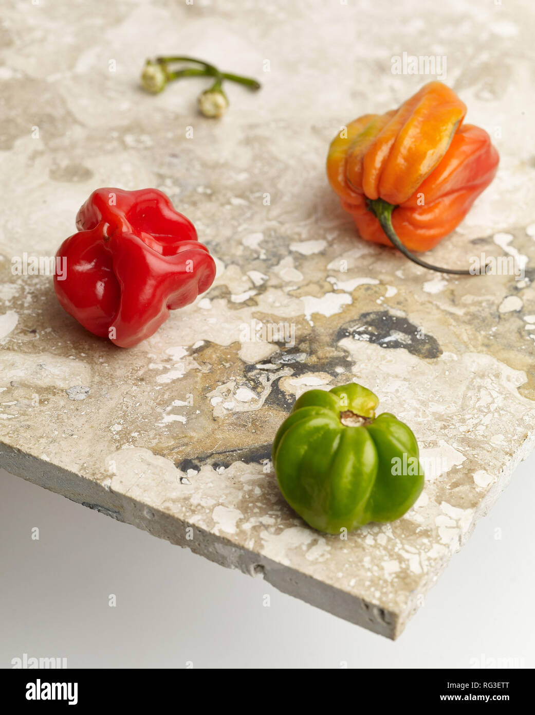 Scotch Bonnet Pepper und gescheckte Marmor Oberfläche gegen hellen Hintergrund. Essen Foto Stockfoto