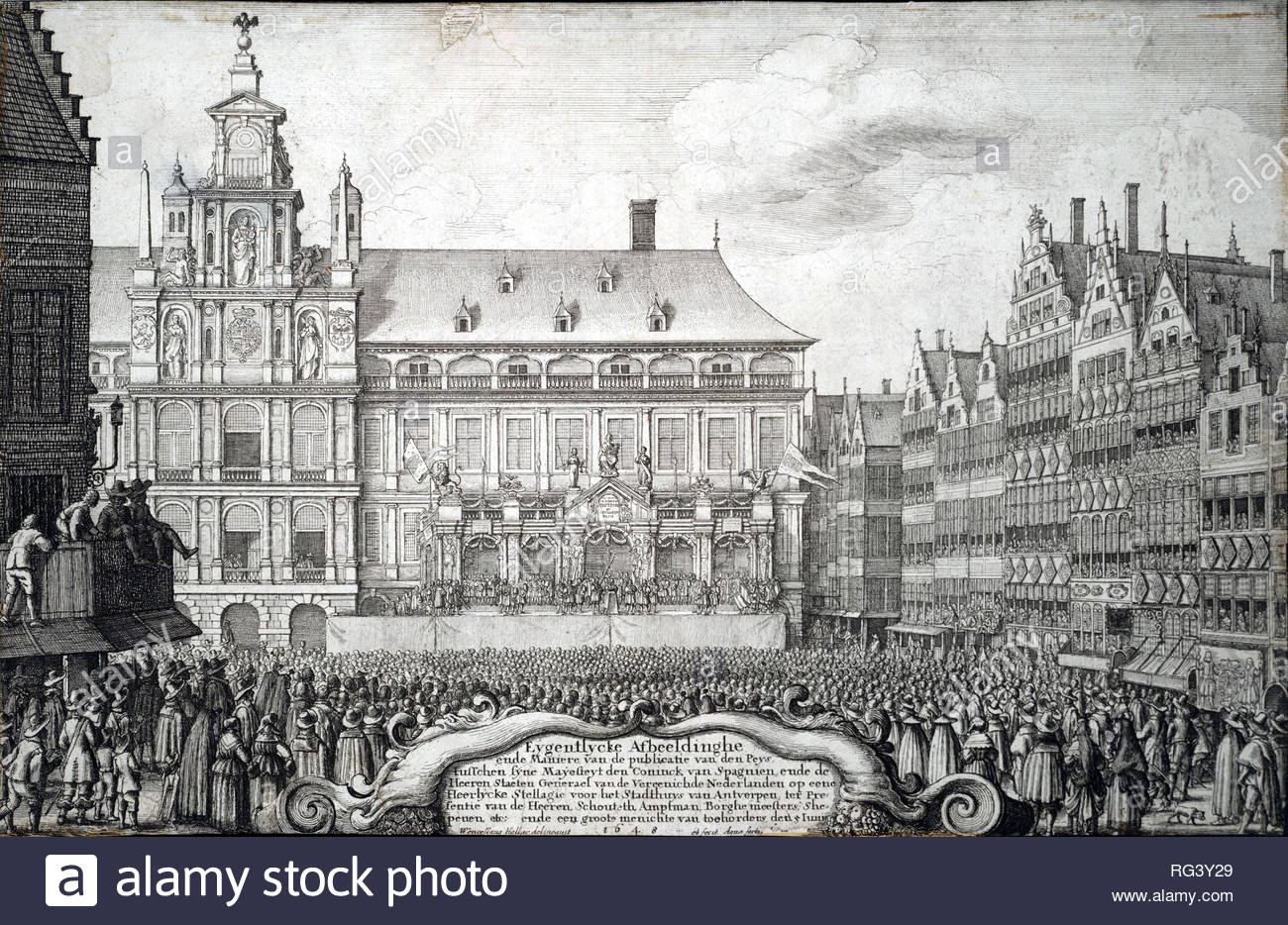 Der Frieden von Münster war ein Vertrag zwischen den Fürsten, General der Vereinigten Niederlande und der spanischen Krone, die wurden am 30. Januar 1648 vereinbart. Der Vertrag ist ein zentrales Ereignis in der niederländischen Geschichte Kennzeichnung der formellen Anerkennung der unabhängigen niederländischen Republik und bildeten einen Teil des Westfälischen Friedens der Dreißigjährige Krieg und die 80 Jahre "Krieg beenden. Radierung von Böhmische Kupferstecher Wenzel Hollar aus 1600s Stockfoto