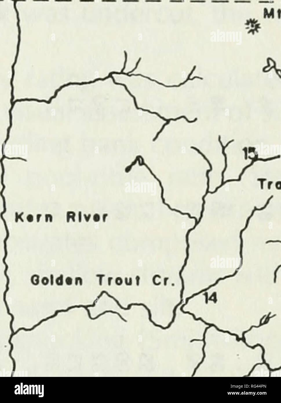 . Kalifornien Fisch und Wild. Fischerei - Kalifornien; Spiel und Spiel - Vögel - Kalifornien; Fische - Kalifornien; Tier Bevölkerungsgruppen; Pêches; Gibier; Poissons. LongUy (Cottonwood Cr II P%' 2,1 Cortogo V Korn Pk.^y e • TompUlonY MfB. J S.^1/> J K& c J Oloneho Pfc. w/*? /S-J3oulh Fh. Ktrn RIvtr J V/^^N P-'^J V_/1 • 1i2//Vi^D/^-^_O J V c 1 3^V^& 5 Blaekreek Mtn. ^"=y 0,5 V a ^_7__J ABBILDUNG 1. Karte von Kalifornien übersicht Studie Sites im Kern Plateau. Studie Sites sind nummeriert und entsprechen den Zahlen in Tabelle 1. Die beiden Studienorten in Stockfoto