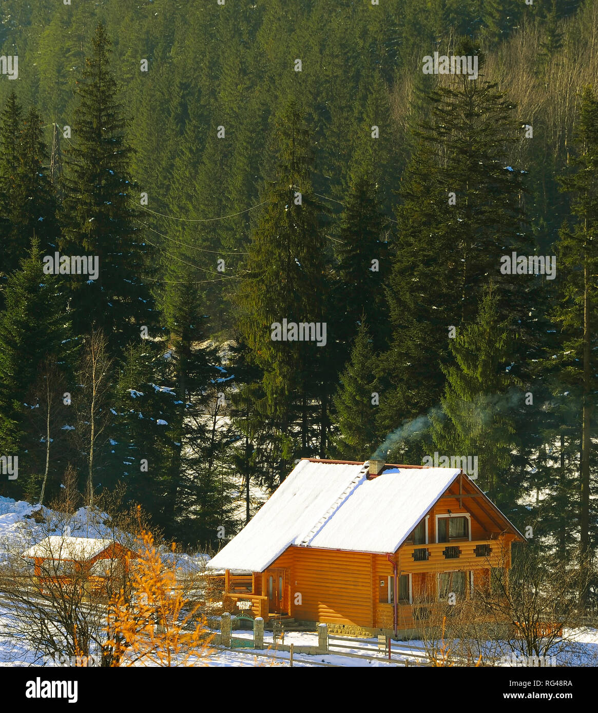 Holz- Haus in Karpaten im Winter. Die Ukraine Stockfoto