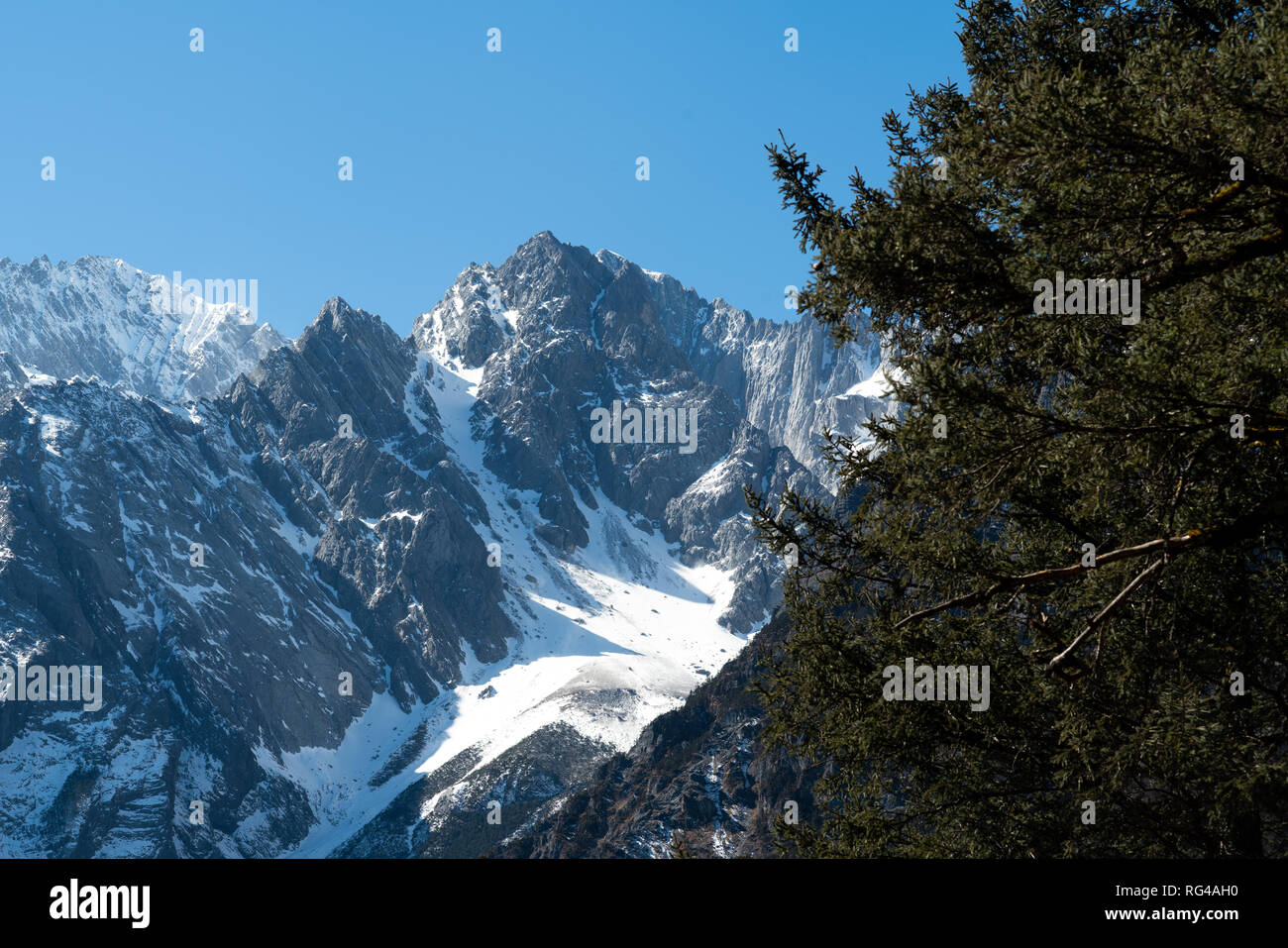 Jade Dragon Snow Mountain in Yulong, Yunnan China. Die schneebedeckten Berge mit felsigen Gipfeln mit Bäumen im Vordergrund, die eine dramatische Stockfoto