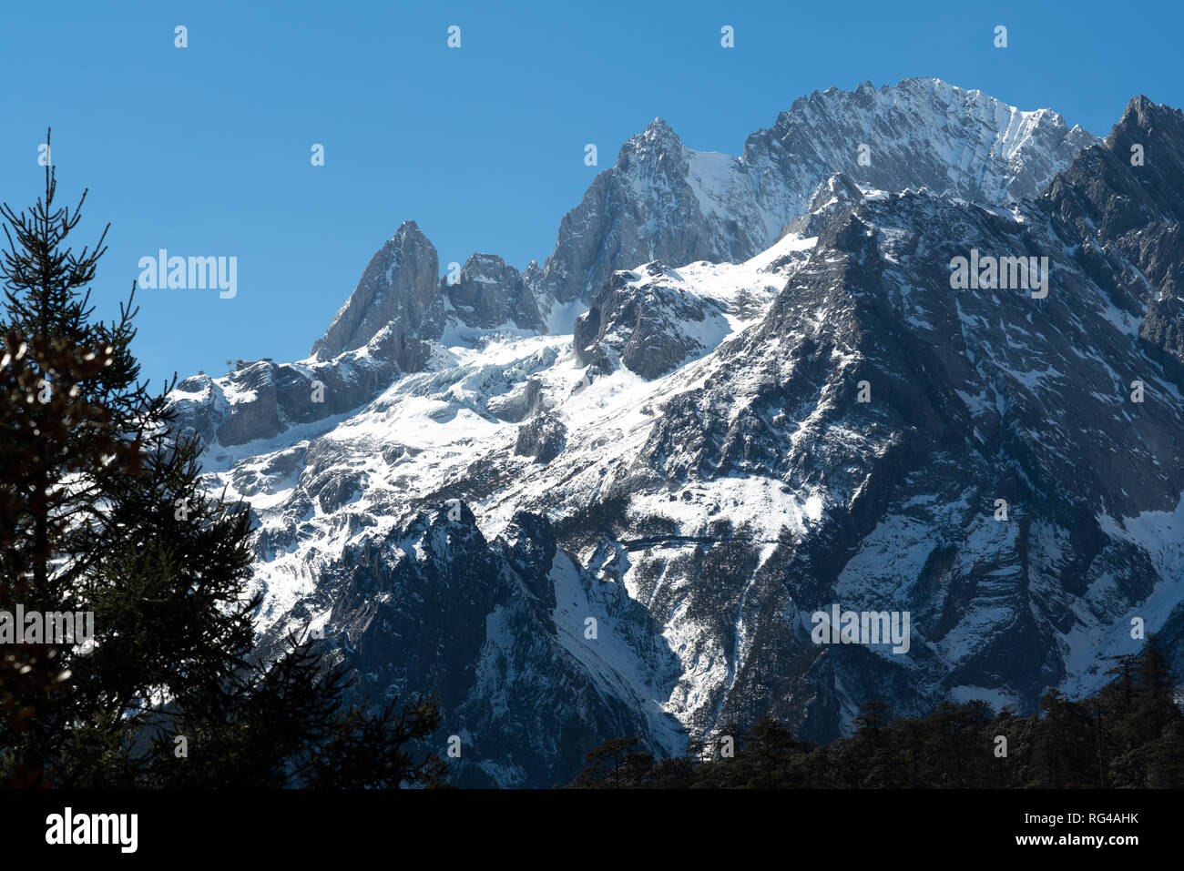 Jade Dragon Snow Mountain in Yulong, Yunnan China. Die schneebedeckten Berge mit felsigen Gipfeln mit Bäumen im Vordergrund, die eine dramatische Stockfoto