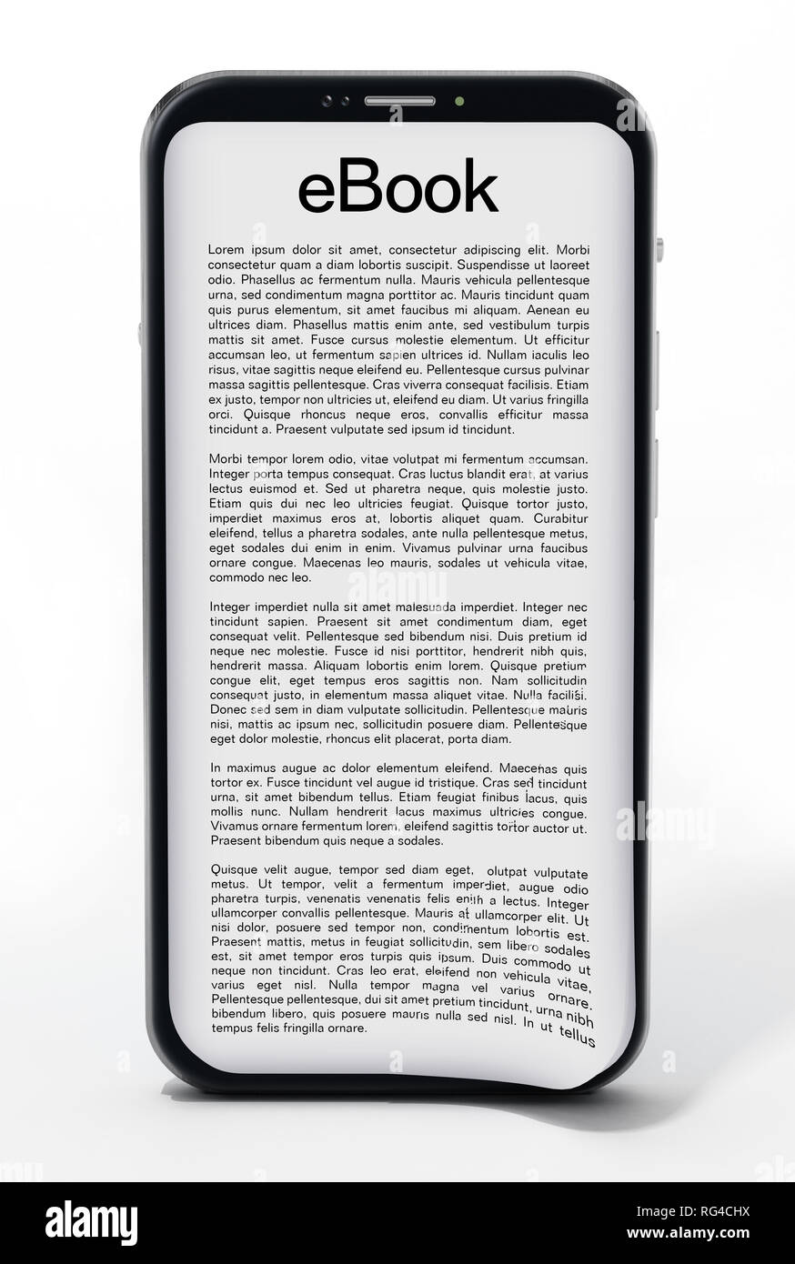 Buch Seite Bildschirm des Smartphones auf weißem Hintergrund. 3D-Darstellung. Stockfoto