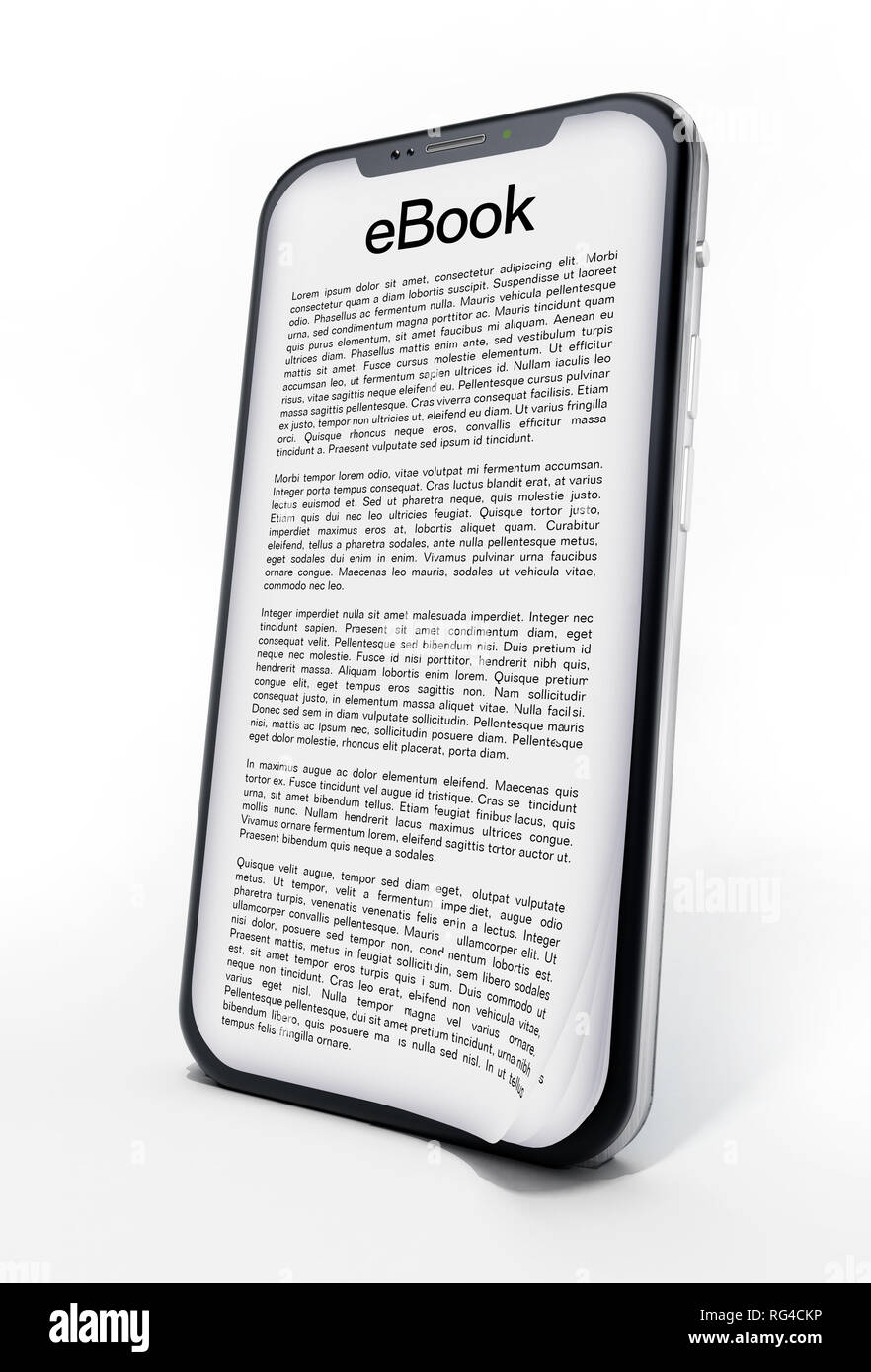 Buch Seite Bildschirm des Smartphones auf weißem Hintergrund. 3D-Darstellung. Stockfoto