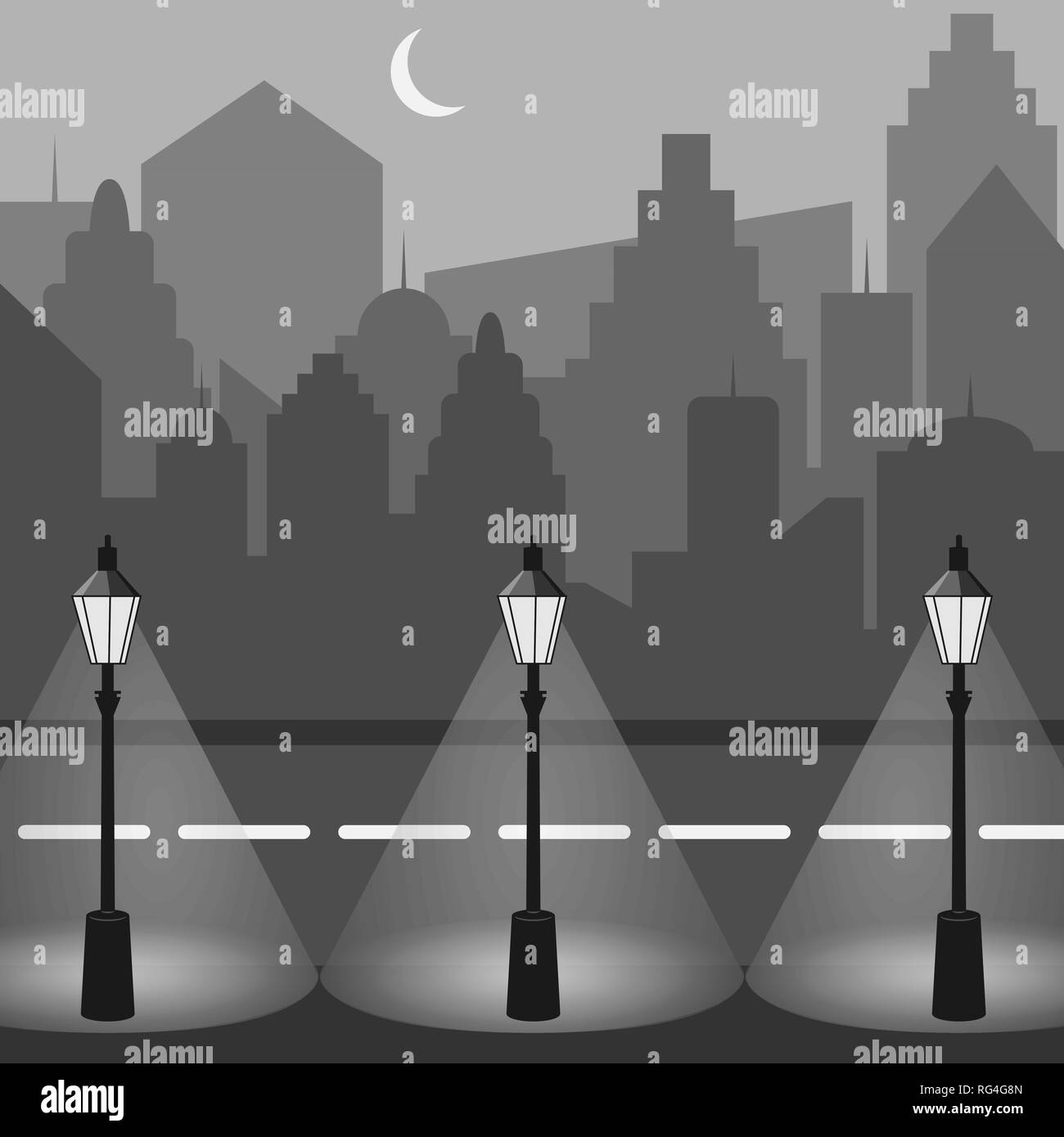 Die Skyline der Stadt. Urbane Landschaft. Nacht Stadt Silhouette. Stadtbild im flachen Stil. Moderne Nacht Stadt Landschaft. Stadtbild Hintergründe. Vintage streetlight Stock Vektor