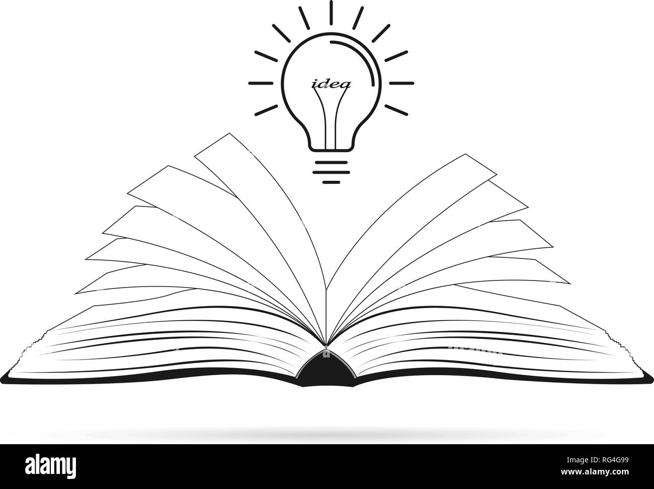 Helle kreative Idee. Glühlampe über geöffnet schwarzes Buch. Konzept einer Idee. Vector Illustration, EPS 10. Stock Vektor