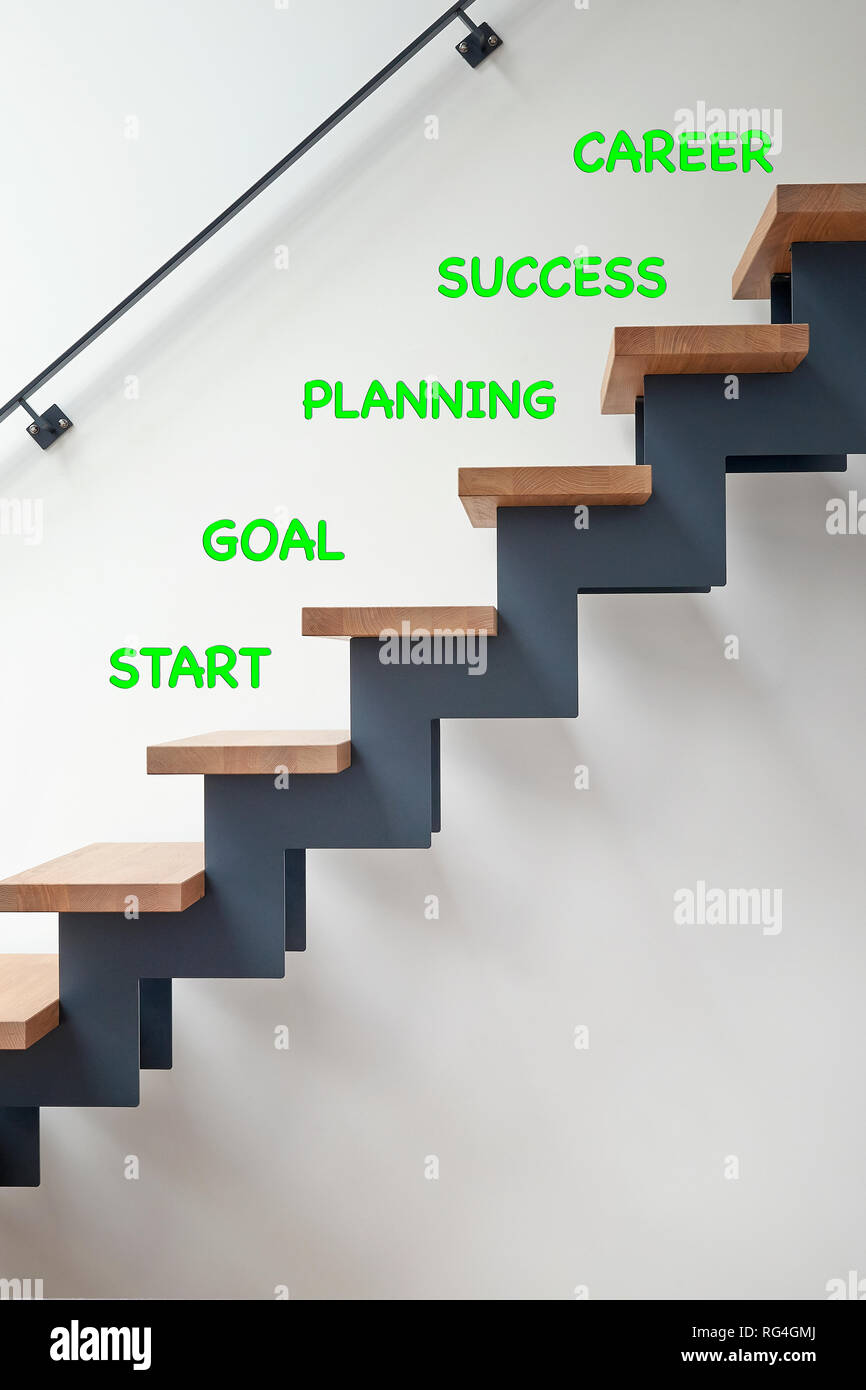Holz Treppen in modern renoviertes Wohnzimmer und Schritte für eine erfolgreiche Karriere und persönlichen Entwicklung Stockfoto