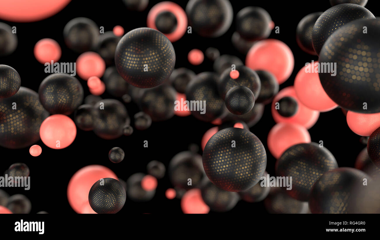 Abstrakte schwarz und Koralle Kugeln oder Blasen auf schwarzem Hintergrund Stockfoto