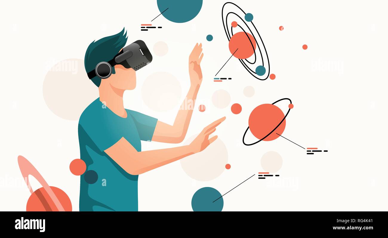 Ein junger Mann, der sich bewegenden Objekten um eine virtuelle Realität VR-Headset. Menschen Vector Illustration. Stock Vektor