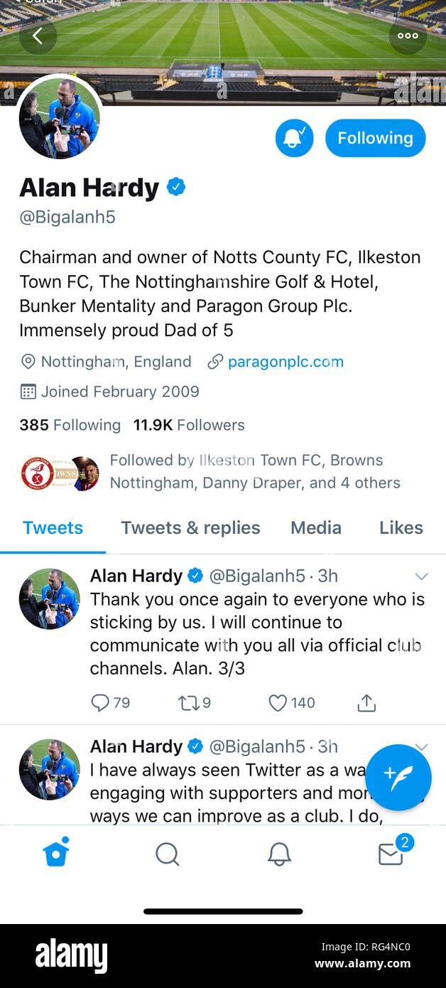 Nottingham, Großbritannien 27. Januar 2019, Notts County Chairman und Inhaber, Alan Hardy, Tweets eine Entschuldigung nach versehentlich Twittern ein intimes Bild von seiner persönlichen Twitter Account. Herr Hardy hat Eigentümer und Vorsitzender der älteste Fußball-Club der Welt seit 2017. Credit: Mark Richardson/Alamy leben Nachrichten Stockfoto