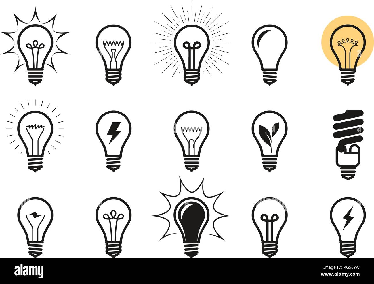 Glühbirne Icon Set. Glühbirne, Strom, Energie, Symbol oder Label. Vector Illustration Stock Vektor