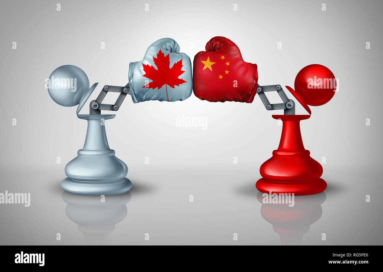China Kanada Konflikt Strategie mit der chinesischen und der kanadischen diplomatischen Herausforderungen mit zwei Schach Schachfiguren Handel kämpfen als wirtschaftliche Import und Export. Stockfoto