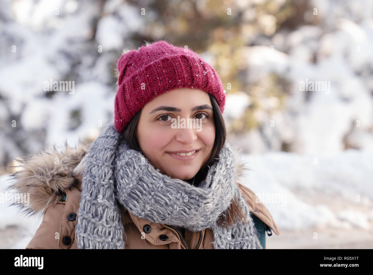 Portrait einer jungen schönen Frau im Winter. Stockfoto