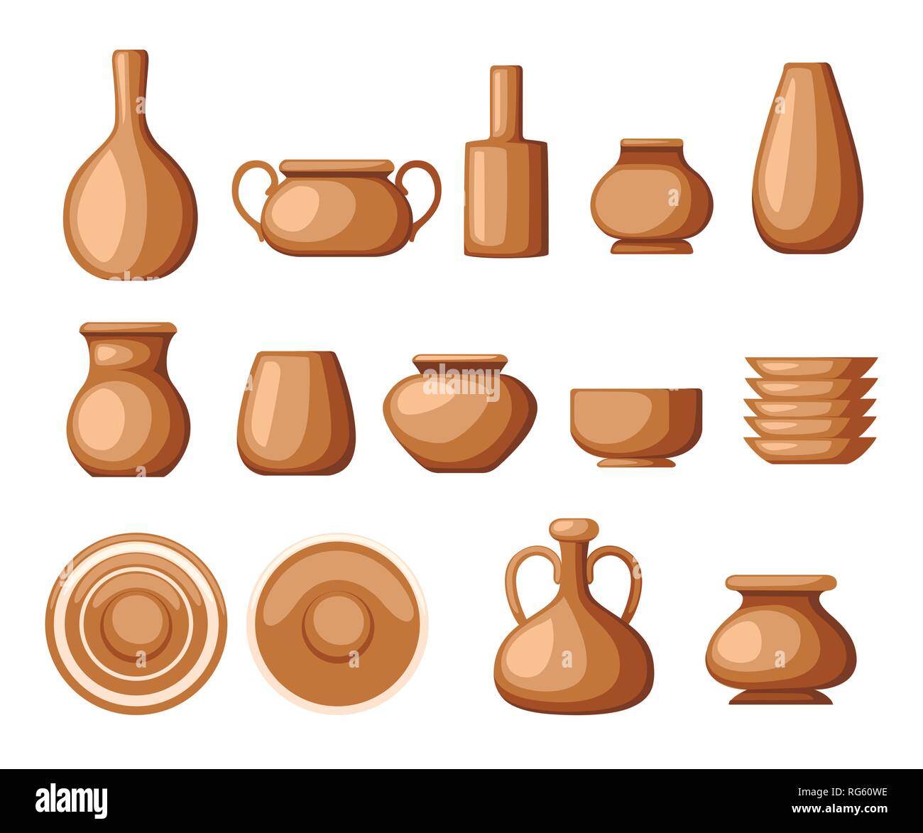 Eingestellt von Ton Geschirr. Geschirr Geschirr - Teller, Krüge, Töpfe. Braun Ton. Flache Vector Illustration auf weißem Hintergrund. Stock Vektor