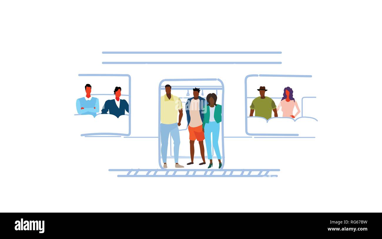 Mix rennen Leute Passagiere im Zug der U-Bahn Auto öffentliche Verkehrsmittel U-Bahn Hautausschlag Stunde Konzept Skizze doodle männlich weiblich Zeichentrickfiguren Stock Vektor