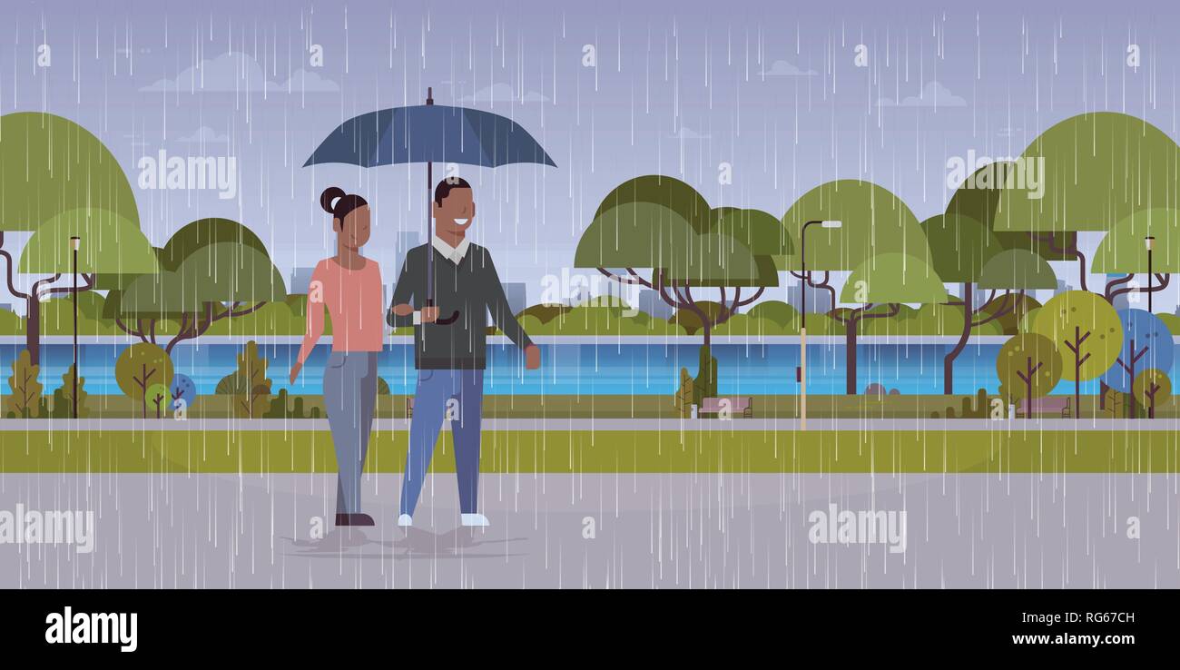 Verliebte Paare unter dem Dach der afrikanischen amerikanischen Mann Frau romantische Spaziergänge im Regen Stadt städtischen Park Landschaft Hintergrund voller Länge Zeichen flach Stock Vektor