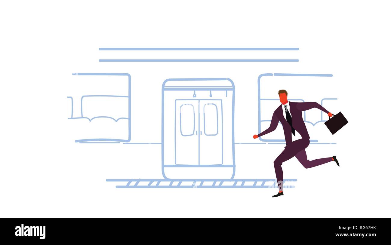 Geschäftsmann mit dem Zug u-bahn Stadt öffentliche Verkehrsmittel U-Bahn Skizze doodle männliche Zeichentrickfigur in voller Länge auf horizontale Fangen Stock Vektor