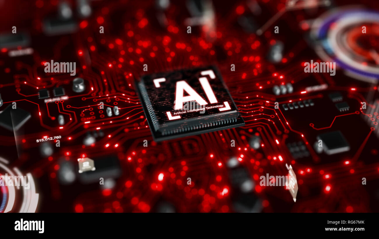 3D-Render AI künstliche Intelligenz Technologie-CPU Central Processor Unit-Chipsatz auf der Platine für die elektronische- und Technologiekonzept Stockfoto