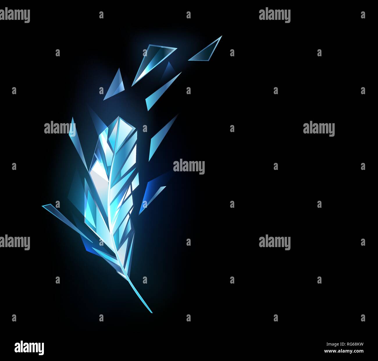 Vieleckige, funkelnden Feder aus blau-transparent Eis auf dunklem Hintergrund. Stock Vektor