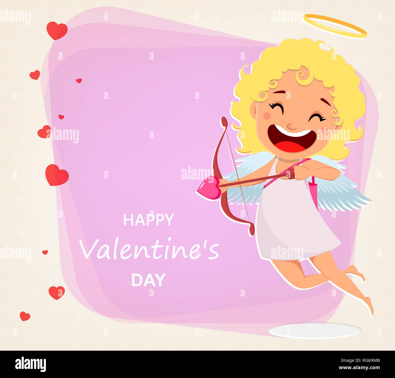 Valentinstag Grusskarten Mit Niedlichen Amor Lustige Cartoon Character Shooting Liebe Pfeil Vector Illustration Auf Abstrakte Rosa Hintergrund Mit Herzen Stock Vektorgrafik Alamy