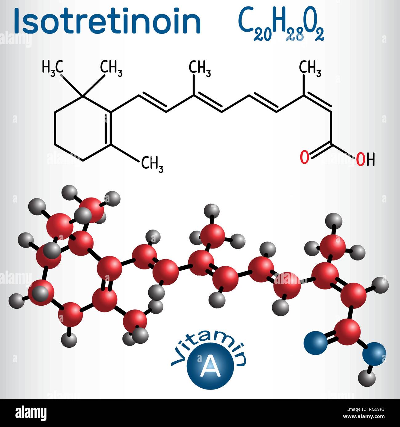 Isotretinoin ist ein Retinoid, ist eine strukturelle chemische Formel und Molekül Modell zu Vitamin. Vector Illustration Stock Vektor