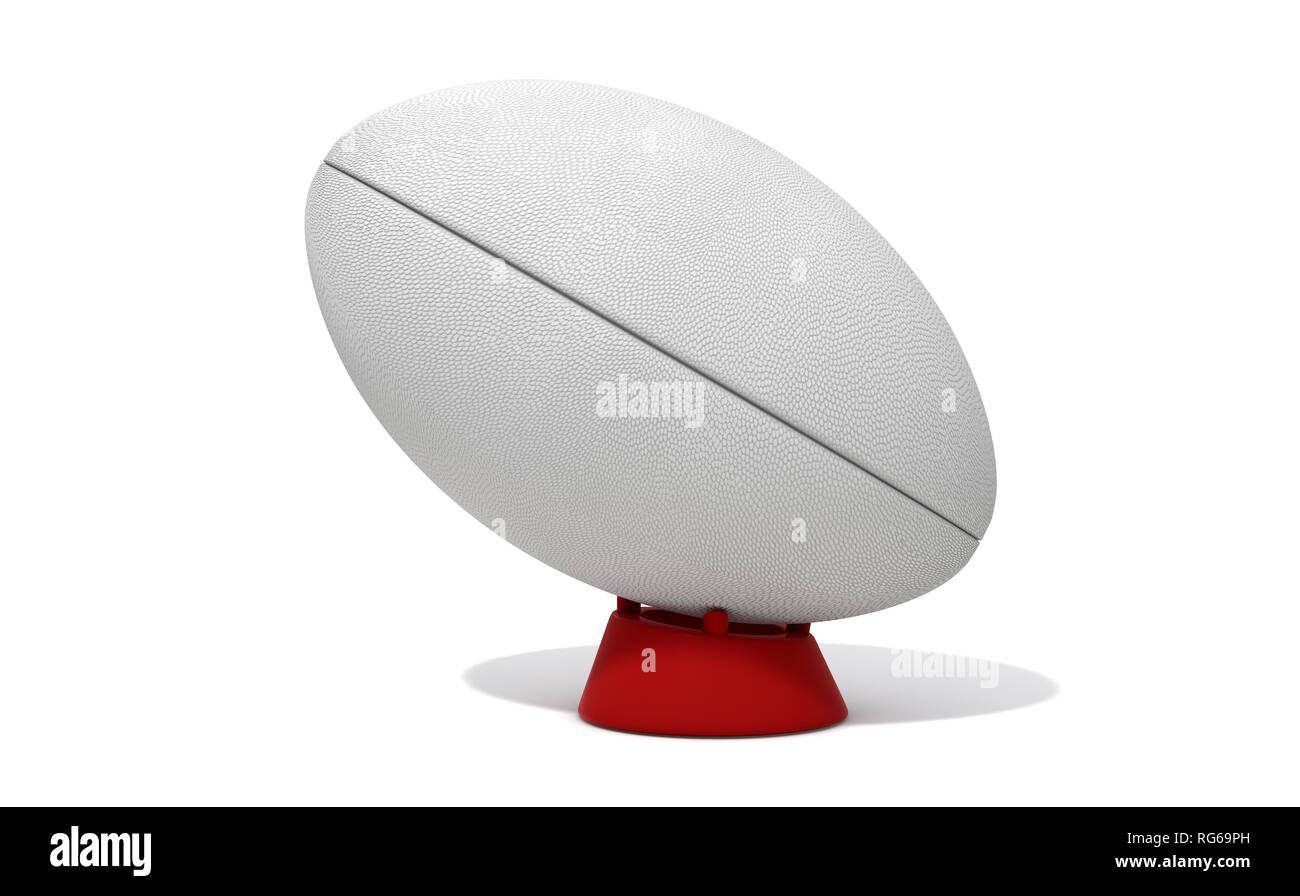 Eine einfache weiße strukturierte Rugby Ball auf einem Kicking Tee auf einem isolierten weißen Hintergrund - 3D-Rendering Stockfoto