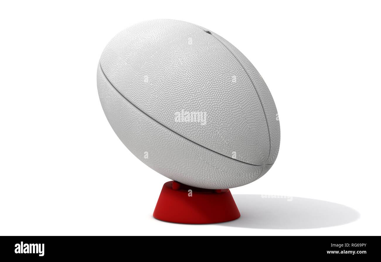 Eine einfache weiße strukturierte Rugby Ball auf einem Kicking Tee auf einem isolierten weißen Hintergrund - 3D-Rendering Stockfoto