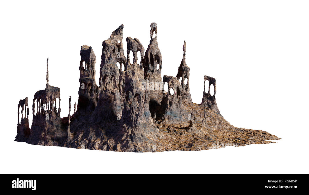 Seltsame Felsformationen, Wüste Landschaft Element mit antiken Ruinen, isoliert auf weißem Hintergrund (3D-Rendering) Stockfoto