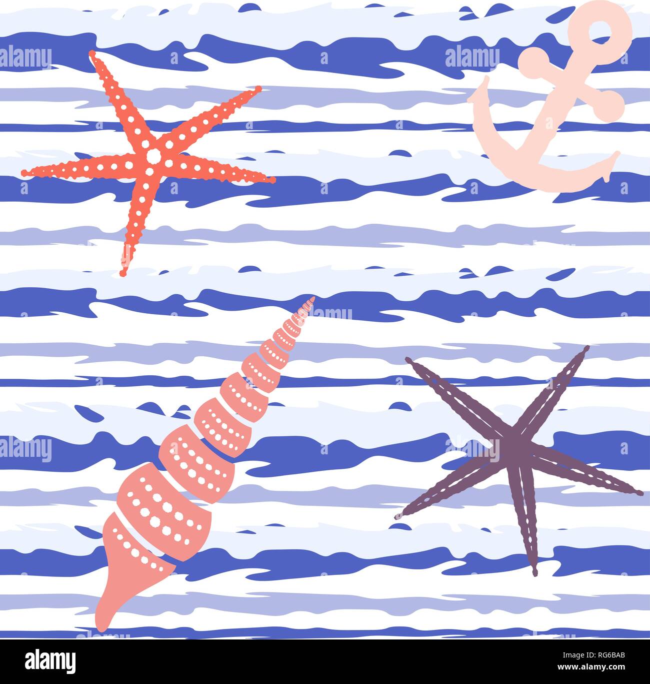 Marine gestreift nahtlose Muster mit Muscheln, Seesterne und Anker. Vector EPS 10. Stock Vektor