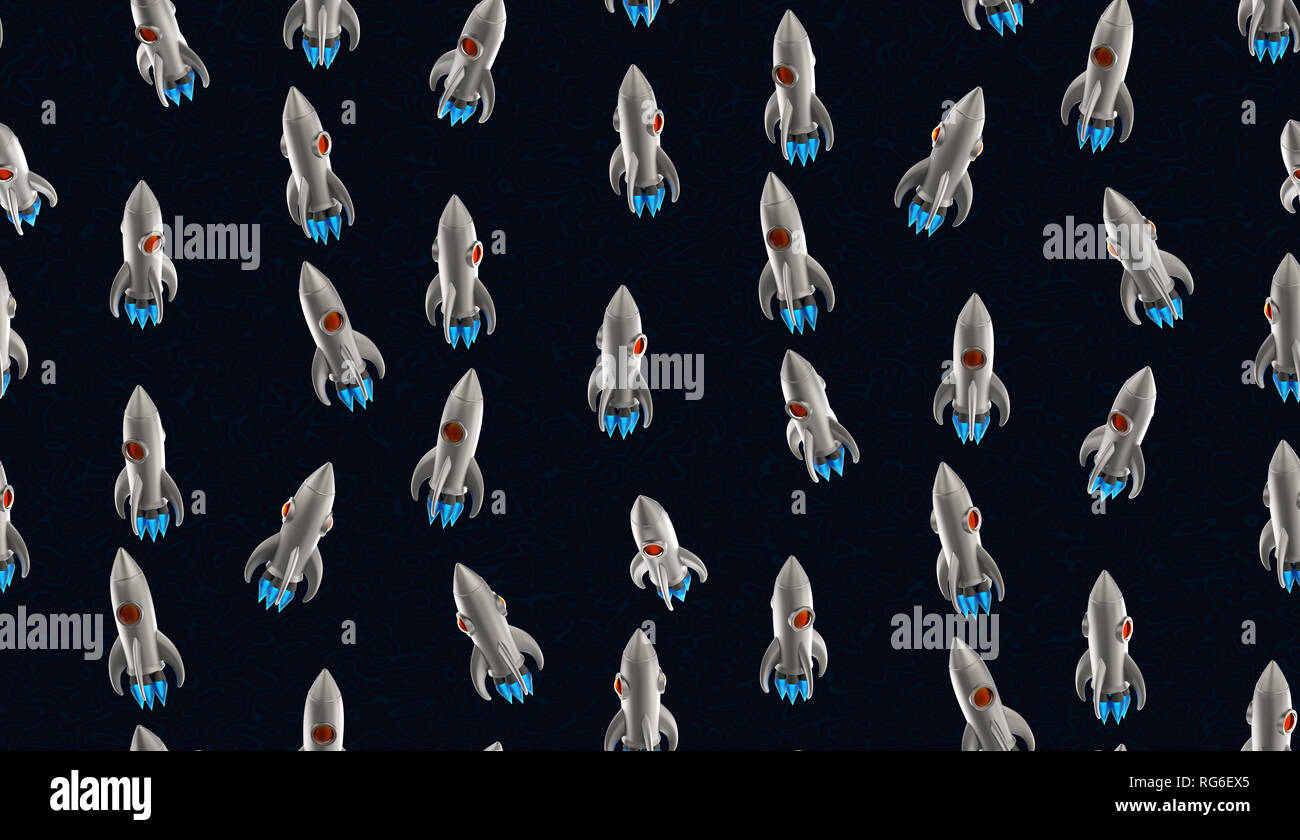 Nahtlose dark blue space shuttle Textur mit kreativen Retro Stil Rakete Muster mit Metall Spielzeug machen Kunst Hintergrund. Stockfoto