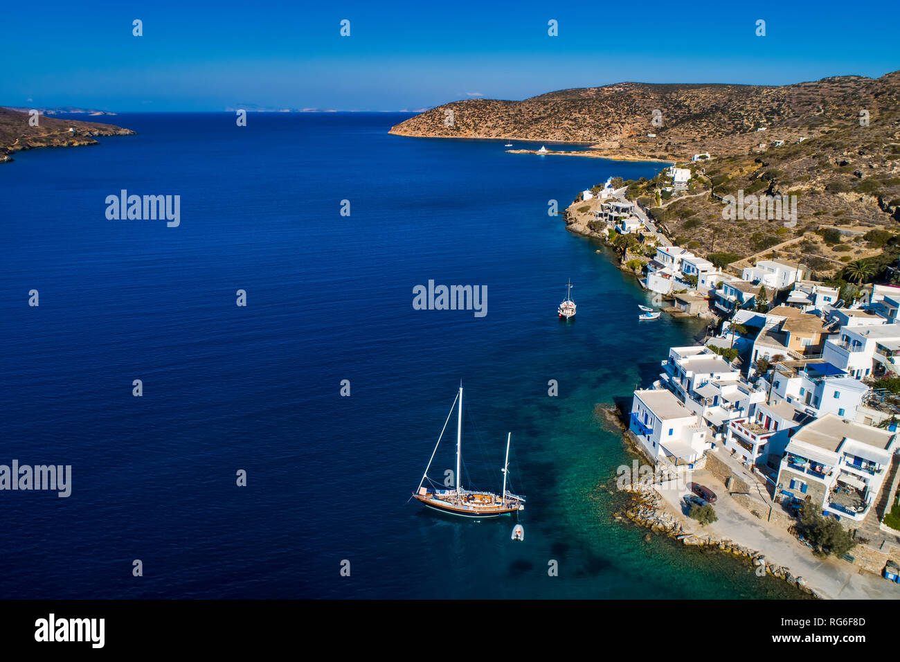 Luftbild von vilage, Amorgos Katapola Insel, Kykladen, Ägäis, Griechenland Stockfoto
