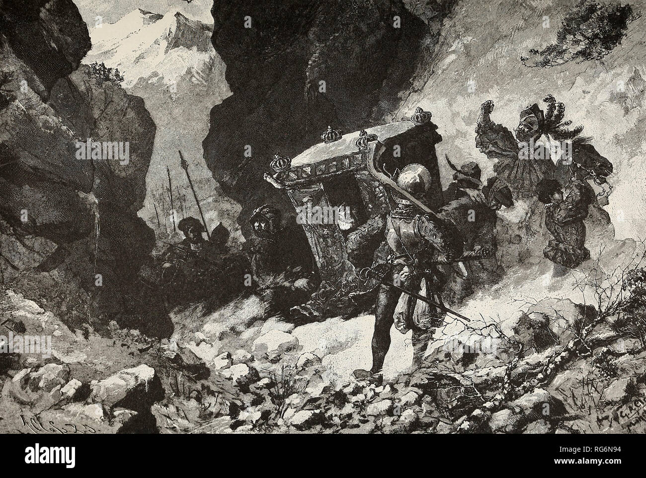 Der Flug der Kaiser Karl - Charles V flieht plötzlich über die Alpen in den Deutschen Rebellen entkommen Stockfoto