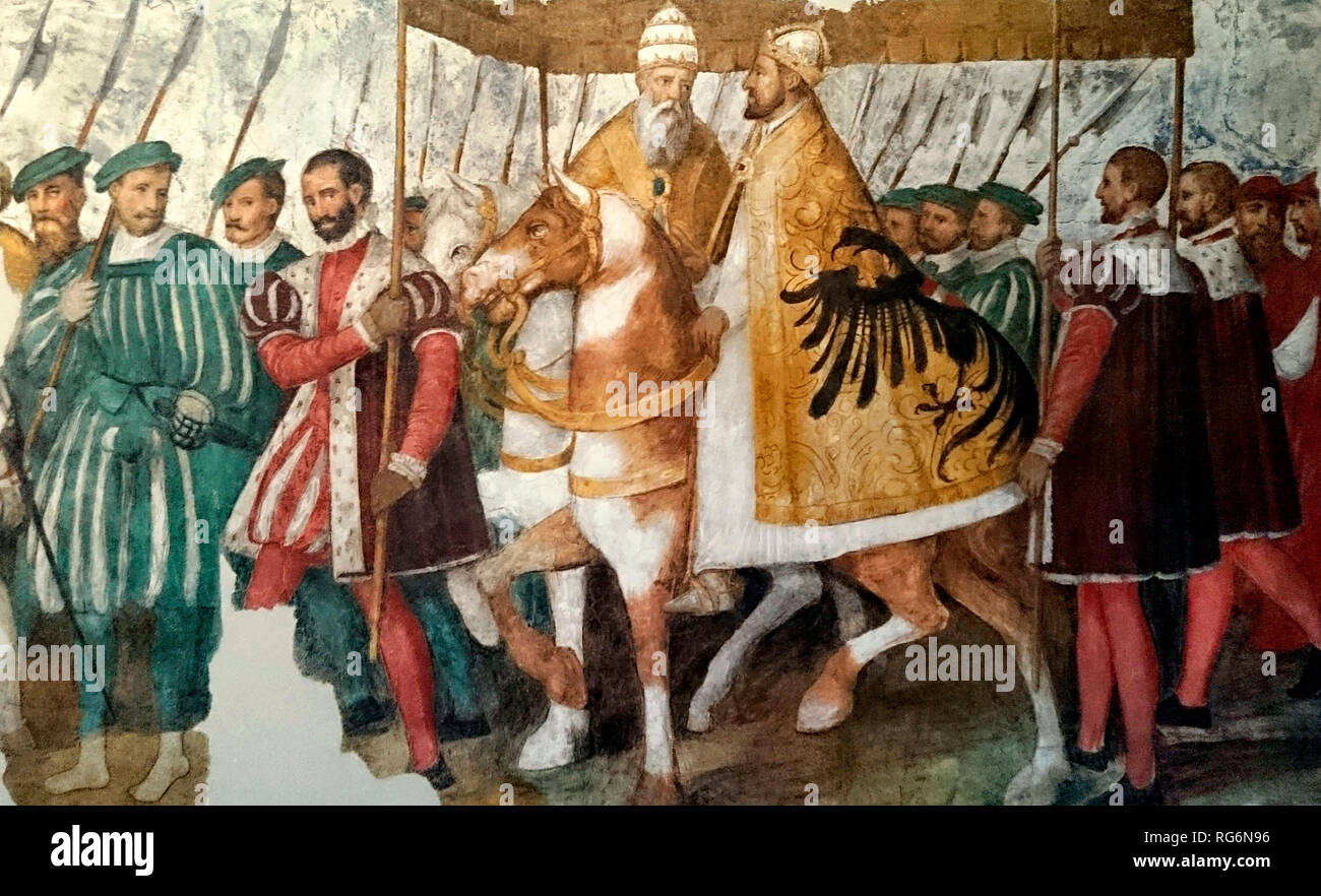Papst Clemens VII. und Kaiser Karl V. zu Pferde unter einem Baldachin - Jacopo Ligozzi, ca. 1580 Stockfoto