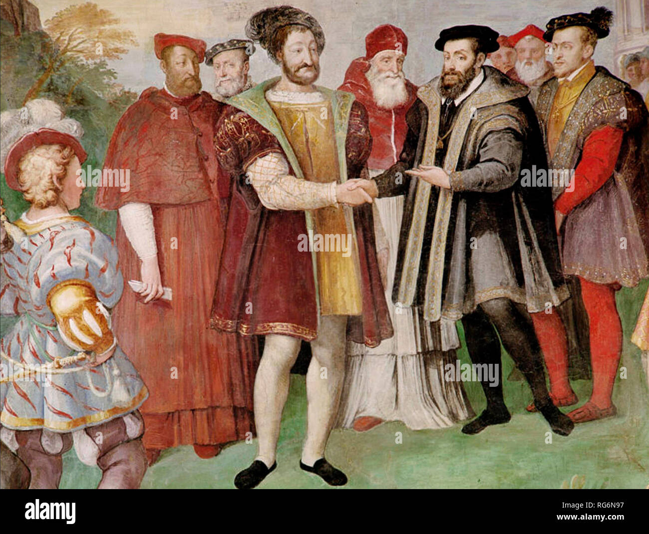 Franz I. und Karl V. Frieden im Waffenstillstand von Nizza im Jahr 1538. Francis eigentlich wollte Charles in der Person zu treffen, und der Vertrag wurde in separaten Räumen unterzeichnet. Waffenstillstand von Nizza 1538. Taddeo Zuccari Stockfoto