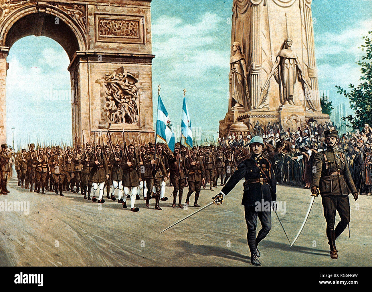 Gemälde der Darstellung der Griechischen militärische Einheiten im ersten Weltkrieg Siegesparade in Arc de Triomphe, Paris. 14. Juli 1919. D. Vassiliou Stockfoto