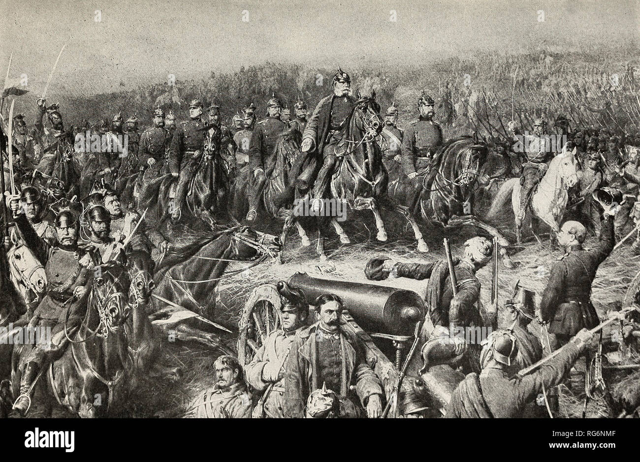 Preußen treibt Österreich aus Deutschland - König Wilhelm I, siegreich am Koeniggratz, führt seine Soldaten auf nach Wien. Stockfoto