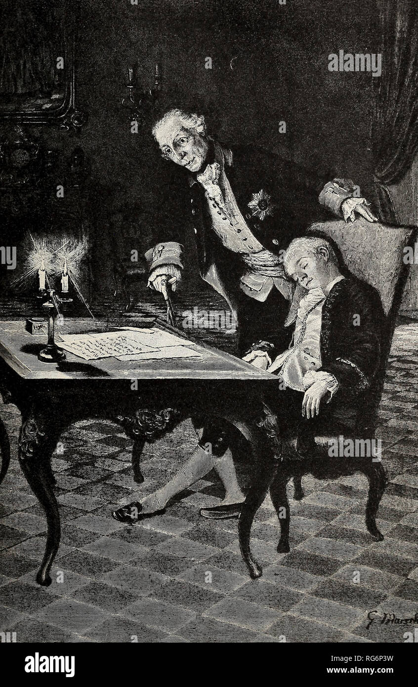 Friedrich und die Seite - Der König liest und begnadigungen der jungenhafte Beschwerdebrief Stockfoto