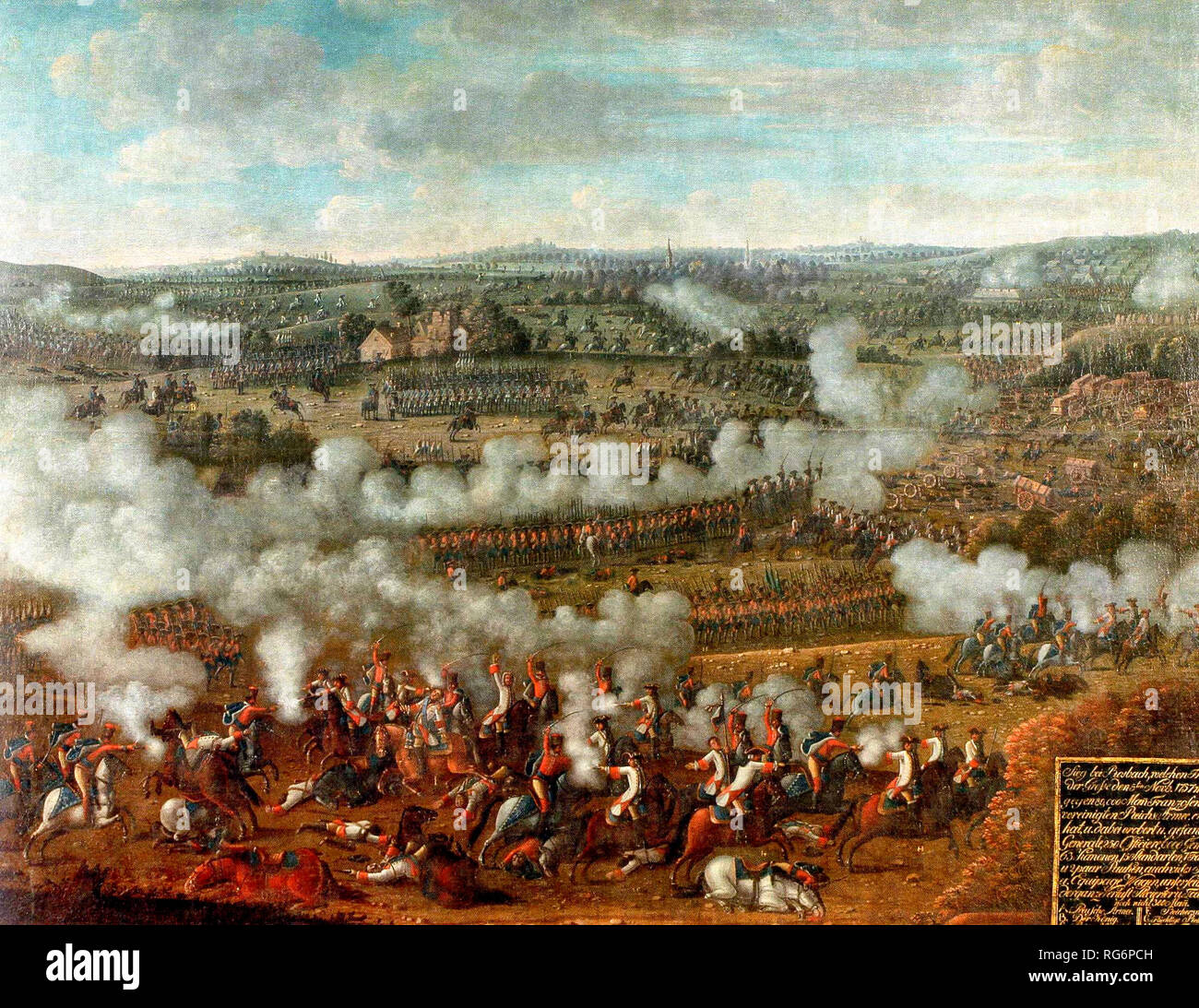 Die Schlacht von Rossbach - Soldaten in die Schlacht Linien gebildet. Puffs von Rauch aus musketen. Stockfoto