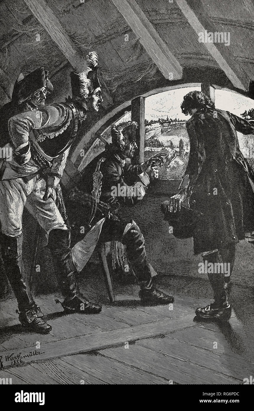 Die Zerkleinerung der französischen Niederlage bei Rossbach - Friedrich der Große Uhren mit seinen Offizieren, die falsche Taktik der Französischen Stockfoto