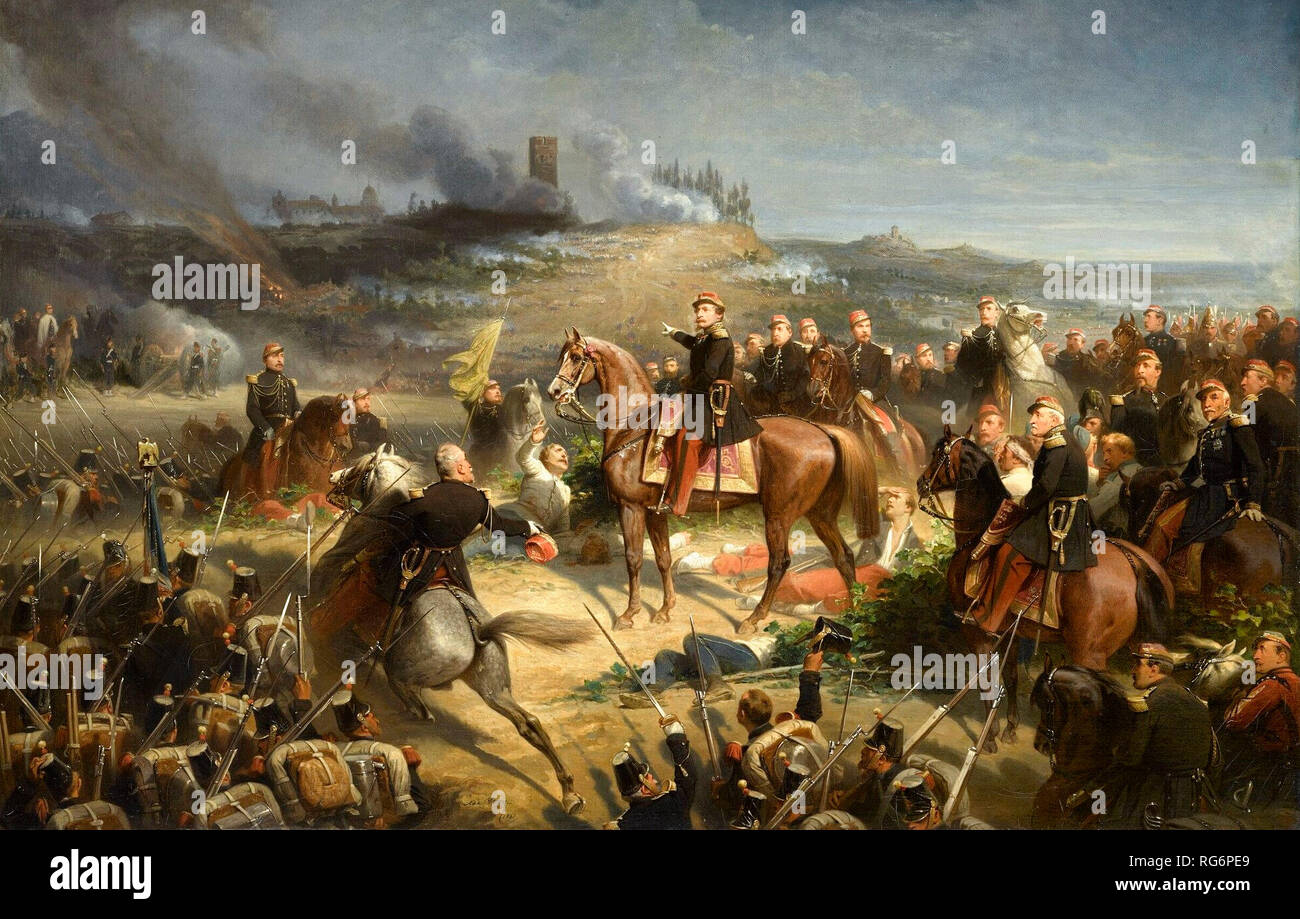 Im entscheidenden Moment der Schlacht von Solferino: 12.00 Uhr am 24. Juni 1859. Napoleon III. Marschall Regnaud in der Abteilung der Schläger der Leibwache, in Unterstützung der D'Alton Brigade Combat zu engagieren. Stockfoto