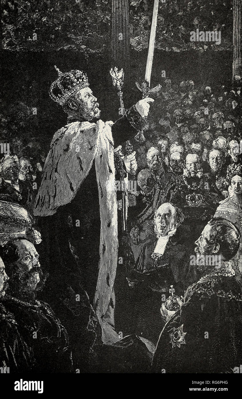 Krönung von Wilhelm I. von Preußen - Wilhelm I., König von Preußen, schwört seiner eigenen göttlichen Rechts auf den Thron zu verteidigen Stockfoto