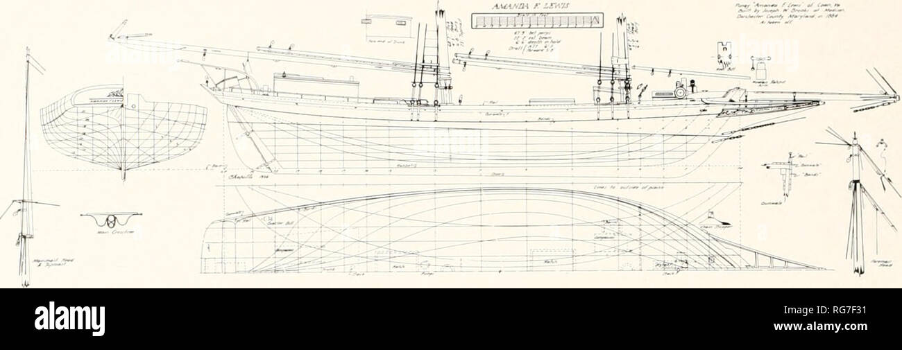. Bulletin - United States National Museum. Wissenschaft. AUV'^i/â-- Nr/r. Linien und Details der Chesapeake Bay Pungy Schoner, die Amanda F. Lezvis, 1884 erbaut, einer der Letzten dieser jetzt ausgestorbenen Art unter Segeln. Als sie das Schiff von der historischen amerikanischen Handelsmarine Befragung teilgenommen. abfackeln Oberschale. Die Quartale sind sehr dünn. Das Schiff würde die Rampe und die lange und eher leichte Masten üblich in dieser Art der Schoner anmelden. Ausmaß der Hälfte-Modell ist % Zoll auf den Fuß, Pro - Legt ein Schiff über 63 Fuß 4 Zoll Länge über Deck geformt, 19 Fuß 10 Zoll Strahl geformt, 5 Fuß 10 Inc. Stockfoto