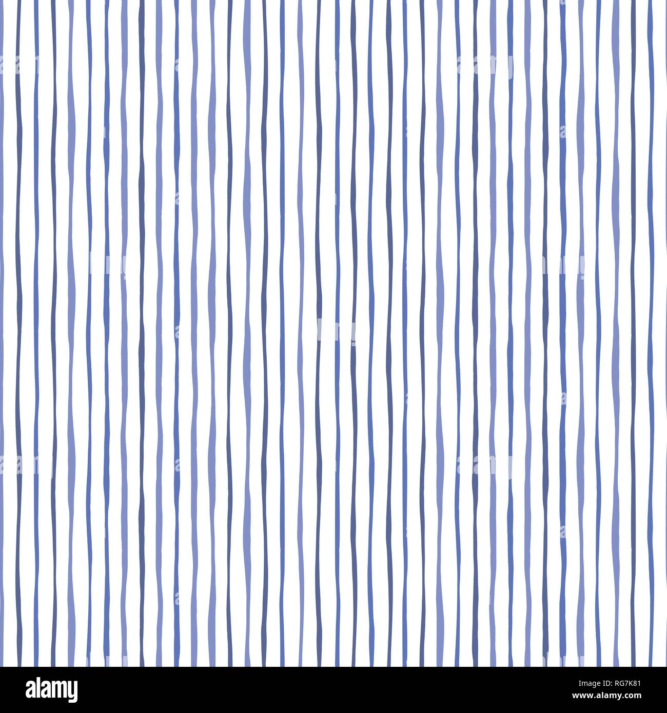 Dünne blaue Hand gezeichnet Wellig Uneinheitliche vertikale Streifen auf weißem Backrgound Vektor nahtlose Muster. Klassische abstrakte Geo Textur. Moderne whimsical Drucken pe Stock Vektor