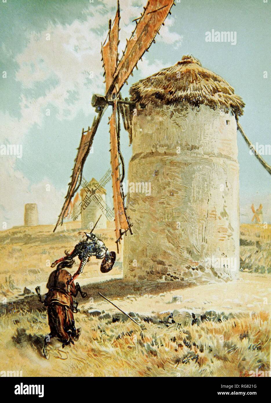 CERVANTES SAAVEDRA, MIGUEL ESCRITOR ESPAÑOL. ALCALA DE HENARES 1547-1616' DON QUIJOTE DE LA MANCHA" ILUSTRACION'EPISODIO DE LOS MOLINOS "POR RICARDO BALACA. EDICION MUNTANER Y SIMON. BARCELONA 1880-1883. Autor: BALACA, RICARDO (1844-1880). Stockfoto