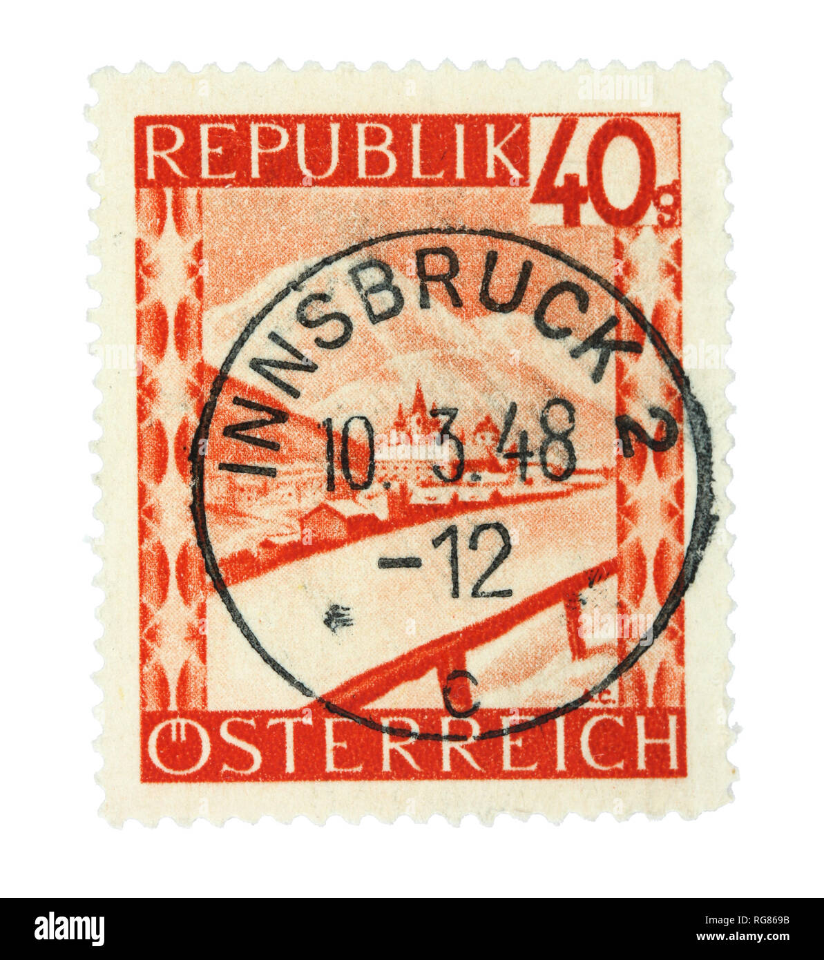 Alte Stempel aus Österreich. In Innsbruck im Jahr 1948 abgebrochen. Stockfoto