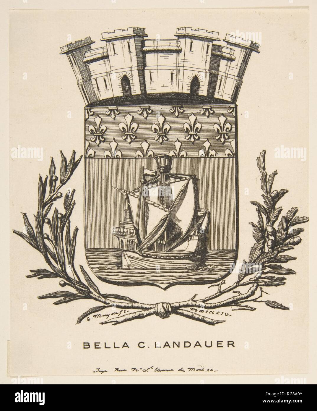 Wappen symbolisiert die Stadt Paris; Exlibris von Bella C. Landauer. Künstler: Charles Meryon (Französisch, 1821-1868). Dedicatee: Eingeweiht Bella C. Landauer (American, New York 1874-1960). Maße: Blatt: 5 3/8 x 4 7/16 in. (13,6 x 11,2 cm). Datum: 19. Museum: Metropolitan Museum of Art, New York, USA. Stockfoto