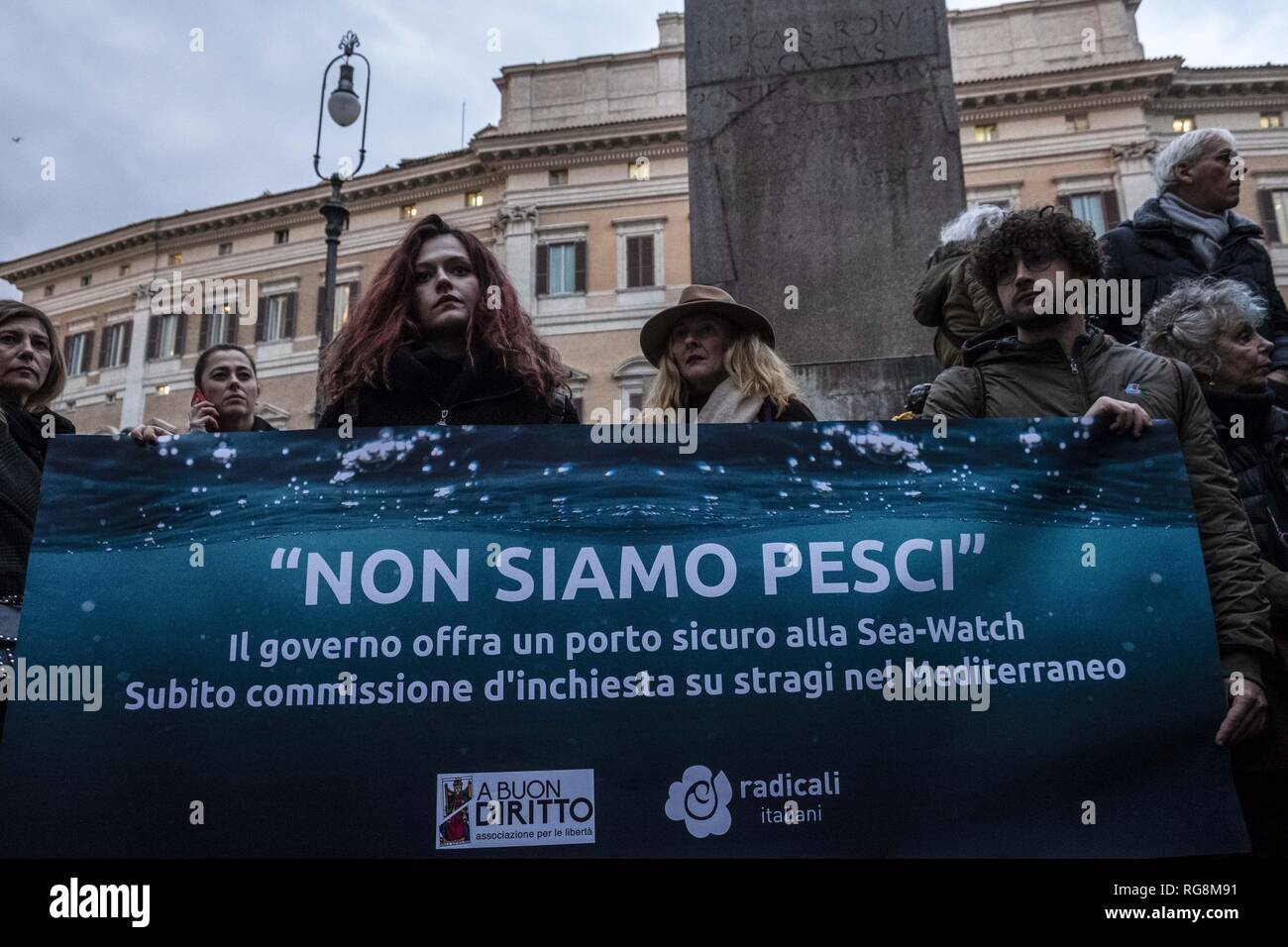 Rom, Roma, Italien. 28 Jan, 2019. Non siamo Pesci "Wir sind keine Fische. Die Demonstration, die von der Radicali Italiani und Buon Diritto, zur Unterstützung der Deutschen Humanitären Gruppe Sea Watch vor der Italienischen unteren Kammern Montecitorio Palace in Rom organisiert. Credit: Matteo Trevisan/ZUMA Draht/Alamy leben Nachrichten Stockfoto