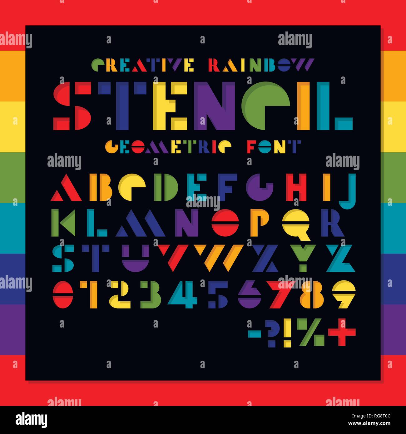 Rainbow Schablone geometrische Schrift. Farbiges Papier schneiden Alphabet. Bunte loch Buchstaben und Zahlen Sans Serif. Kreatives Design Stock Vektor