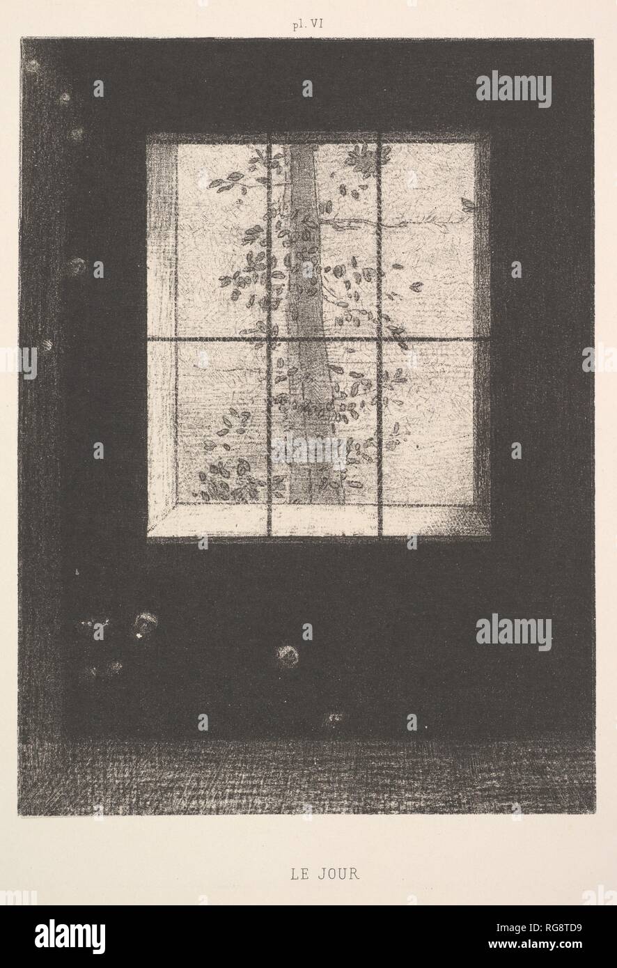 Tag (le Jour), aus der Serie, Träume (SONGES), Platte VI. Künstler: Odilon Redon (Französisch, Bordeaux, Paris 1840-1916). Abmessungen: Bild: 8 1/4 x 6 1/8 in. (21 x 15,6 cm) Blatt: 17 5/8 x 12 7/16 in. (44,8 x 31,6 cm). Serie/Portfolio: Träume (SONGES), pl. Vi. Datum: 1891. Als schüchterner und Lonely Boy in abgelegenen alten Hause des Onkels, Redon entdeckt, dass Bücher, Bilder, und Musik Windows auf wunderbare Ausblicke eröffnet. Von seiner Kindheit an, behielt er eine Anlage in eine Welt der Phantasie und der Träume, die er oft dargestellt in Kohle Zeichnungen und Lithographien rief er Noirs, sowohl für ihre wesentlichen Stockfoto