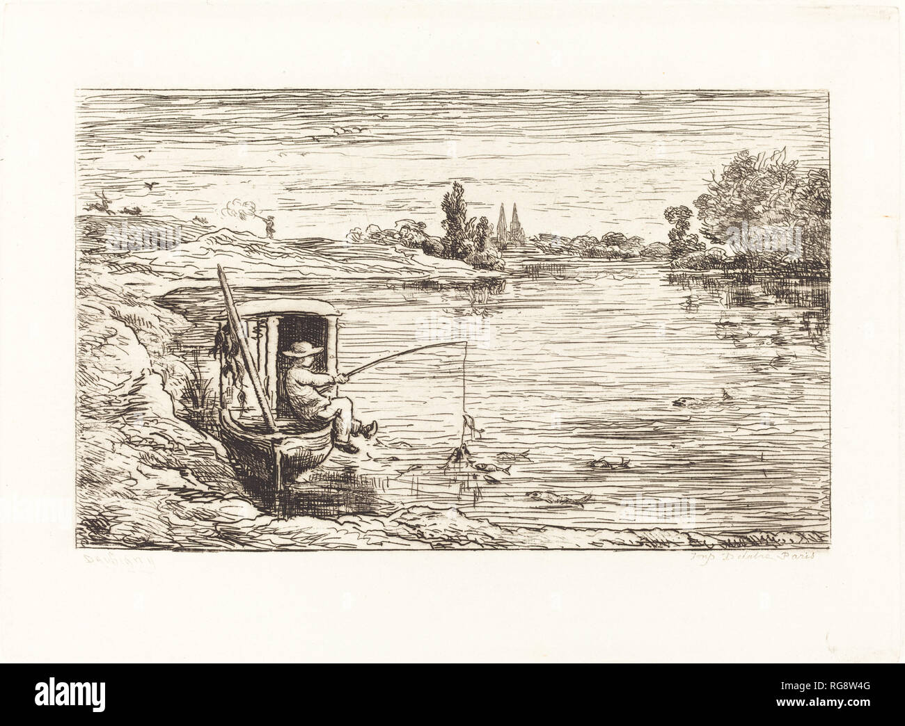 Cabin Boy Angeln (Le Mousse a la Peche). Stand: 1862. Medium: Radierung. Museum: Nationalgalerie, Washington DC. Autor: Charles-Francois Daubigny. DAUBIGNY, Charles Francois. Charles Francois Daubigny. Stockfoto